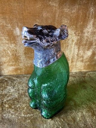 Green Glass & Silver Plated Bear Decanter Animal Claret Jug Silverplated Ware