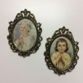 Vintage Child Praying Picture Curved Glass Ornate Oval Frame 10 Inch - Set Of 2