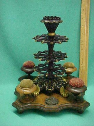 Antique Victorian Sewing Stand Pin Cushion Thread Spool Holder Walnut Iron Tree