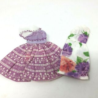 Vtg Barbie Doll Clone Clothes Homemade Purple Floral One Shoulder & Print Dress