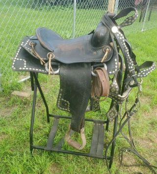 Antique Western Parade Saddle Set Black Leather W Bridle And Breast Collar