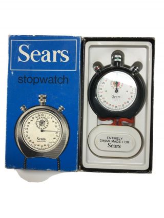 Vintage Sears 19927 Black Stopwatch Shock Resistant Swiss Made 1/10 Box