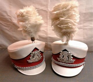 2 Vintage Red White Shako Starburst Band Hats W/ Silver Lyres And Feather Plumes