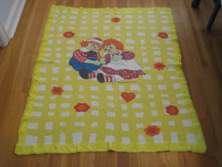 Vintage Raggedy Ann & Andy Yellow Gingham Crib Blanket Bobbs Merrill 39 X 45