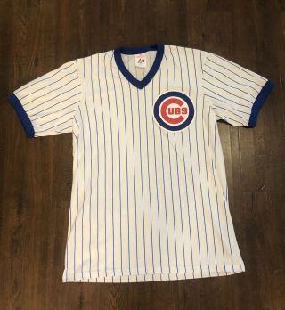 Vintage Chicago Cubs Majestic Baseball Shirt Jersey Pinstripes Mlb Size Large