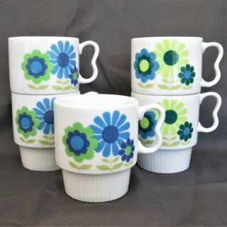 Set Of 5 Vintage Flower Stacking Mugs Blue Green Mod Retro Mcm Daisy Cups