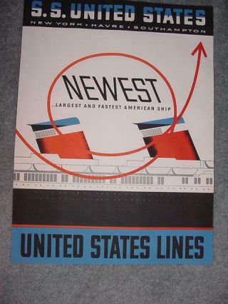 Ss United States Lines Large Travel Agency Poster / 19 " X 26 "