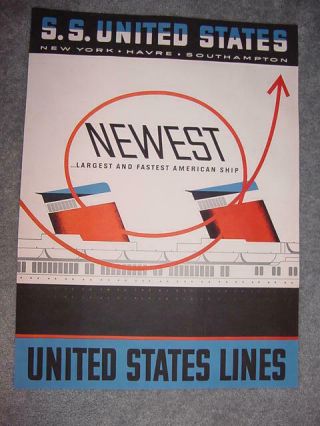 SS UNITED STATES LINES Large Travel Agency Poster / 19 
