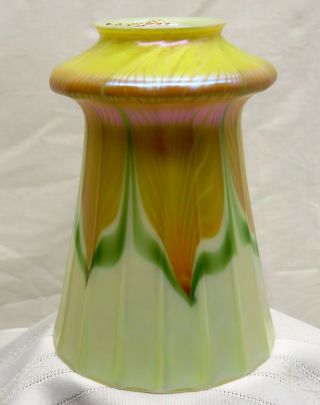 Antique Quezal Art Glass Shade W Green/orange Pulled Feather - No Damage - C.  1900s