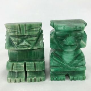 Small 3 " Vintage Aztec Mayan Tiki Carved Green Marble Stone Figurines Set Of 2