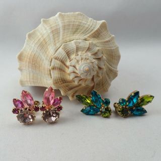 Vintage 2 Pairs Pink Teal Green Gold Tone Clip Rhinestone Earrings