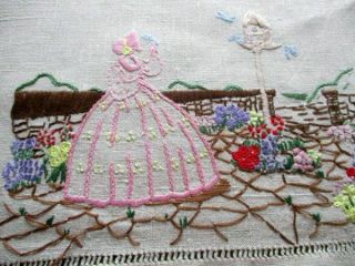 Vintage Table Runner - Hand Embroidered Crinoline Lady & Flowers