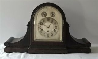 Antique Large Tambour Clock With Westminster Chimes Mahogany Case Not Running