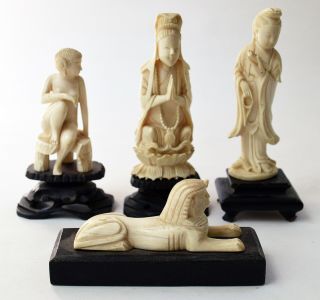 Set Of 4 Vintage Carved Resin/plastic Asian Chinese Figurines Wood Base Italy