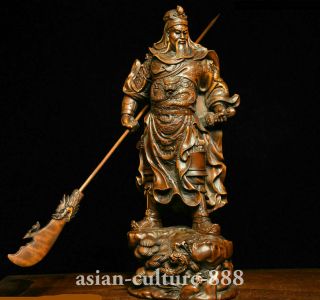 8 " Chinese Folk Boxwood Wood Carving Dragon Guan Gong Yu Warrior Figure Statue