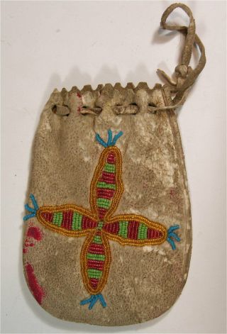 1910s Native American Sioux Indian Bead Decorated Hide Bag / Drawstring Pouch
