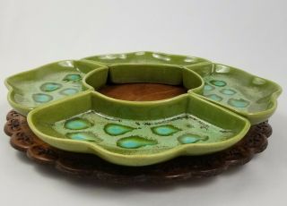 Mid - Century Chips And Dip Crudite Set Turquoise Pottery Wood Vintage
