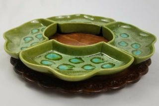 Mid - Century Chips And Dip Crudite Set Turquoise Pottery Wood Vintage 3