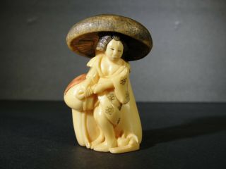 Japanese Antique Museum Quality Carved Netsuke Geisha And A Mushroom.  Signed