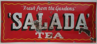 Antique Vintage Porcelain Steel Salada Tea Sign Fresh From The Gardens 23x10 In