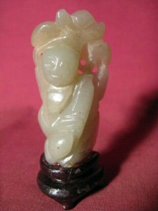 Antique Chinese Carved Jade Sculpture Of Man W Carved Wooden Stand