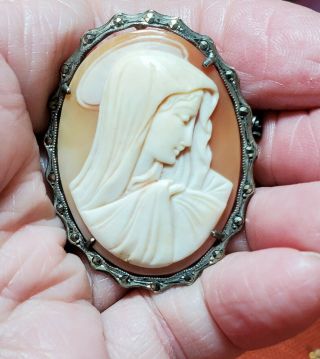 Antique 800 (sterling Silver) Shell Cameo Blessed Virgin Mary Brooch/pendant.