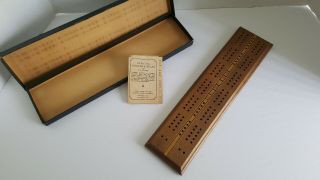 Vintage Drueke No 9 Wooden Cribbage Board With Metal Pegs Storage On Back Boxed