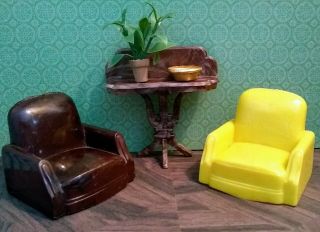 Club Chairs & Table Vintage Tin Dollhouse Furniture Ideal Renwal Plastic 1:16