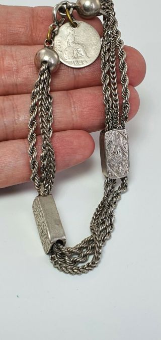 Antique Sterling Silver Hand Engraved Bracelet 1844 Coin 8 "