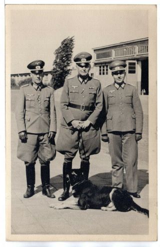 Rppc Vintage Ww2 Group Of 3 Nazi Soldiers Officers German Shepherd Dog Photo Pc