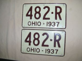 Old Vintage 1937 Ohio License Plate Pair 482 - R Ford Chevy Plymouth Rat Rod