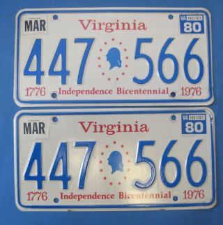 1980 Virginia Bicentennial License Plates Matched Pair