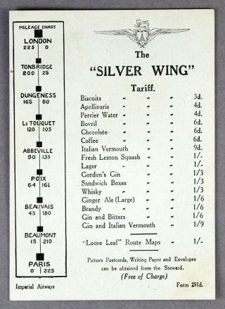 Imperial Airways The Silver Wing Tariff Airline Drinks Menu