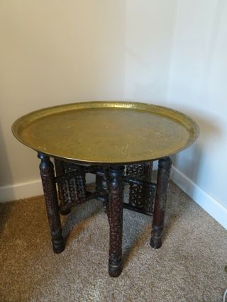Antique Middle Eastern Carved Wood Folding Side Table With Engraved Brass Top