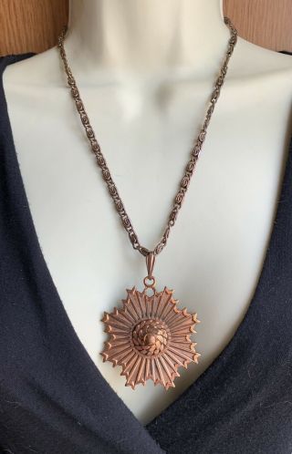 Vintage Mid Century Copper Starburst Medallion Pendant Chain Necklace Sun Flower