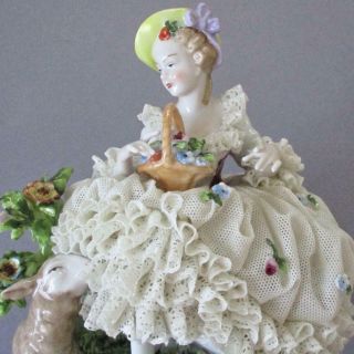 Antique Dresden Porcelain Lace Figurine Lady Basket Flowers W Lamb Unter Weiss