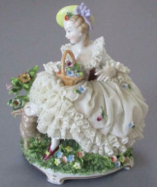 Antique DRESDEN Porcelain LACE Figurine LADY Basket FLOWERS w LAMB Unter Weiss 2