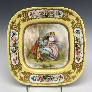 Antique Sevres France Romantic Lovers Scene Floral Painted Porcelain Plate Fcd
