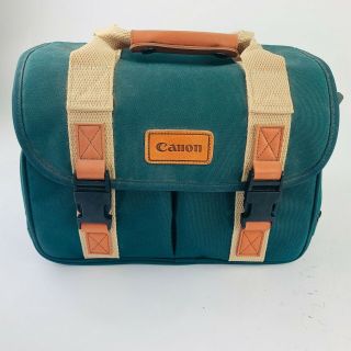 Vintage Canon Canvas Signature Slr Camera Bag Green & Tan W/ Organizers Leather