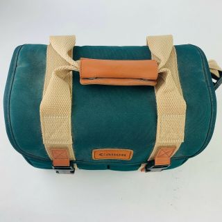 Vintage CANON Canvas Signature SLR Camera Bag Green & Tan w/ Organizers Leather 2
