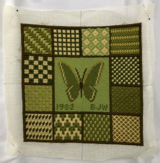 Vintage Completed Needlepoint Crewel Embroidery Art Squares Butterfly Green 1982