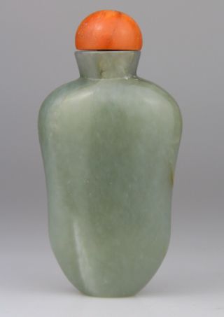 Antique Chinese Carved Celadon Jade Snuff Bottle Coral Stopper 19th C.  Qing