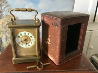 A Brass Carriage Clock,  Circa 1900,  With Leather Carry Case,  In Order