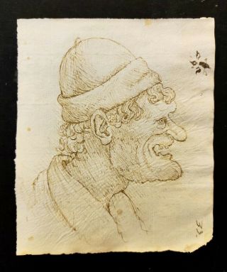 Old Master Drawing Antique Grottesque Ink Hand Laid Paper Leonardo Da Vinci 16th