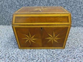 Antique Parquetry Inlaid Wooden Tea Caddy Star Patterns,  Single Compartment