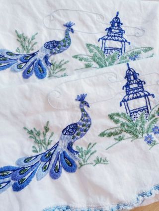2 Gorgeous Vintage Cotton Pillowcases Hand Embroidered Blue Purple Peacocks