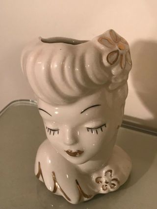 Vintage Glamour Girl Lady Head Vase White With Gold Gilt 5 Inch