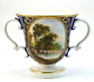 C1810 Finely Painted Antique 19thc Derby Porcelain Scenic 2 Handle Chocolate Cup
