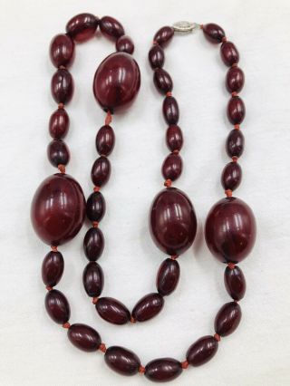 Antique Art Deco Cherry Amber Bakelite Bead Necklace 14k White Gold Clasp 43 Gr