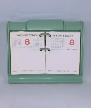 Vintage 1968 Desk Calendar Flip Pages Mist Green Bakelite Plastic Rolodex Retro